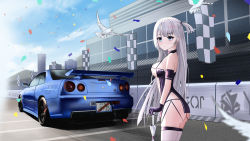 Rule 34 | 1girl, absurdres, alternate breast size, azur lane, bird, blue eyes, breasts, car, closed mouth, feet out of frame, gloves, highres, holding, holding umbrella, kcar66t, long hair, looking at viewer, medium breasts, mole, mole under eye, motor vehicle, nissan, nissan skyline, nissan skyline gt-r, nissan skyline r34, official alternate costume, petals, pigeon, purple gloves, race queen, shoukaku (azur lane), shoukaku (sororal wings) (azur lane), side ponytail, sideboob, silver hair, solo, standing, thighhighs, thighs, umbrella, vehicle focus, white thighhighs