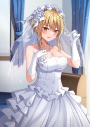 Rule 34 | 1girl, bare shoulders, blonde hair, blush, braid, breasts, bridal veil, brown eyes, cleavage, collarbone, commentary request, covered navel, curtains, dress, elbow gloves, flower, gloves, hair between eyes, hair bun, hair flower, hair ornament, hands up, highres, indoors, jewelry, komori kuzuyu, long hair, looking at viewer, medium breasts, nao (kuzuyu), necklace, original, parted lips, pearl necklace, rose, see-through, sidelocks, solo, strapless, strapless dress, veil, wedding dress, white dress, white flower, white gloves, white rose, window