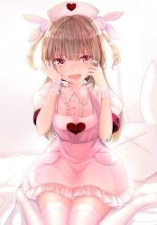 Rule 34 | 1girl, apron, armband, backlighting, bandaged arm, bandages, bed sheet, collared shirt, commentary request, fang, frilled apron, frills, hair ornament, hand on own face, haruka natsuki, hat, heart, heart print, highres, light brown hair, long hair, looking at viewer, natori sana, nurse cap, on bed, open mouth, pink apron, pink hat, puffy short sleeves, puffy sleeves, rabbit hair ornament, red eyes, sana channel, shirt, short sleeves, sitting, smile, solo, tearing up, tears, thighhighs, two side up, virtual youtuber, wariza, white thighhighs, wiping tears