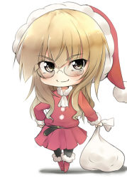 Rule 34 | 1girl, amai nekuta, ascot, belt, black pantyhose, blonde hair, blush, chibi, glasses, hand on own hip, hat, holding, long hair, long sleeves, pantyhose, perrine h. clostermann, sack, santa costume, santa hat, shadow, simple background, skirt, smile, solo, strike witches, white background, world witches series, yellow eyes