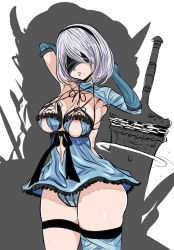 Rule 34 | 1girl, android, asymmetrical clothes, bandaged arm, bandaged neck, bandages, bare shoulders, black gloves, black hairband, black ribbon, blindfold, blue dress, breasts, cleavage, cosplay, dress, frills, gimgugnae, gloves, hairband, kaine (nier) (cosplay), large breasts, nier, nier (series), nier:automata, nightgown, ribbon, short hair, silver hair, solo, 2b (nier:automata)