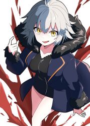 Rule 34 | 1girl, absurdres, ahoge, black coat, black dress, blood, coat, commentary request, dress, fate/grand order, fate (series), fur-trimmed coat, fur-trimmed sleeves, fur trim, highres, jeanne d&#039;arc alter (fate), jeanne d&#039;arc alter (ver. shinjuku 1999) (fate), long sleeves, nonoitou110, official alternate costume, open clothes, open coat, short dress, short hair, simple background, smile, solo, white background, white hair, yellow eyes