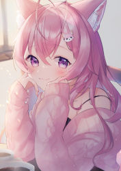 Rule 34 | 1girl, :3, akuo 11, animal ears, antenna hair, blush, fox ears, fox hair ornament, hakui koyori, hands on own cheeks, hands on own face, head rest, highres, hololive, light particles, long hair, long sleeves, looking at viewer, nail polish, off shoulder, pink hair, purple eyes, sleeves past wrists, strap slip, sweater, tank top, virtual youtuber, window