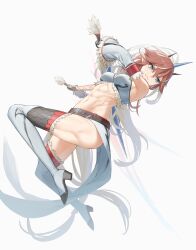 Rule 34 | 1girl, abs, absurdres, allen.n, arknights, blue eyes, bra, breasts, brown hair, detached sleeves, dual wielding, fighting stance, frown, highres, holding, holding sword, holding weapon, horns, kirin r yato (arknights), long hair, multicolored hair, navel, official alternate costume, pointy ears, simple background, small breasts, solo, streaked hair, sword, thighhighs, toned, underwear, weapon, white background, white bra, white sleeves, white thighhighs, yato (arknights)