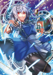 Rule 34 | 1girl, absurdres, apron, between fingers, black pantyhose, blue dress, bow, braid, closed mouth, cowboy shot, dress, glass shards, green bow, green ribbon, hair bow, high heels, highres, hinomoto madoka, holding, holding knife, izayoi sakuya, knife, knives between fingers, leg up, looking at viewer, maid, maid headdress, neck ribbon, pantyhose, pocket watch, puffy short sleeves, puffy sleeves, red eyes, ribbon, roman numeral, short sleeves, silver hair, smile, solo, touhou, twin braids, waist apron, watch, wrist cuffs
