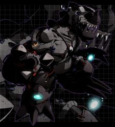 Rule 34 | armor, blue eyes, cable, claws, colored skin, cyborg, digimon, digimon (creature), fangs, glowing, grey skin, horns, letterboxed, metaltyranomon, monster, no humans, satsuki mei (sakuramochi), single horn, solo, spikes, zoom layer