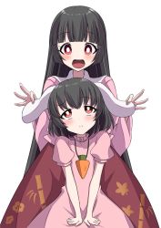 Rule 34 | 2girls, :d, behind another, black hair, blouse, blunt bangs, blush, bright pupils, carrot necklace, commentary request, cowboy shot, dress, ear lift, hands on lap, head tilt, highres, hime cut, holding ears, houraisan kaguya, inaba tewi, jewelry, long hair, long sleeves, looking at viewer, looking up, multiple girls, necklace, open mouth, pink dress, pink shirt, puffy short sleeves, puffy sleeves, red eyes, red skirt, shirt, short hair, short sleeves, simple background, sitting, skirt, smile, standing, touhou, tsukimirin, very long hair, white background, white pupils