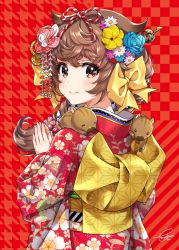 Rule 34 | 1girl, blue flower, blue rose, blush, brown eyes, brown hair, chinese zodiac, closed mouth, commentary request, fingernails, floral print, flower, hair flaps, hair flower, hair ornament, hands up, japanese clothes, kimono, kouhaku nawa, long hair, looking at viewer, looking to the side, morikura en, obi, original, own hands together, print kimono, red background, red kimono, rope, rose, sash, shimenawa, signature, smile, solo, unmoving pattern, upper body, year of the pig