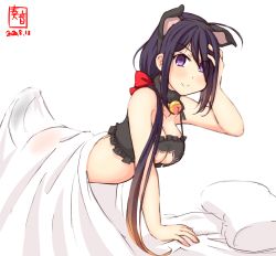 Rule 34 | 1girl, all fours, alternate costume, anal tail, animal ears, ariake (kancolle), artist logo, bell, black bra, black hair, bra, breasts, cat cutout, cat ears, cat lingerie, cat tail, cleavage, cleavage cutout, clothing cutout, commentary request, dated, fake tail, frilled bra, frills, hair over one eye, hands on own face, highres, jingle bell, kanon (kurogane knights), kantai collection, long hair, medium breasts, meme attire, pillow, purple eyes, simple background, solo, tail, under covers, underwear, underwear only, white background