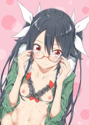 Rule 34 | 1girl, 3:, adjusting eyewear, bespectacled, bikini, bikini top only, black hair, blush, bottomless, bow, closed mouth, collarbone, unworn eyewear, fingernails, flat chest, frilled bikini, frilled bikini top, frills, from above, fur collar, glasses, green jacket, groin, hair between eyes, hair flaps, hair ribbon, hands up, holding, holding removed eyewear, jacket, long hair, long sleeves, looking at viewer, navel, nippleless clothes, nipples, open clothes, open jacket, ore twintail ni narimasu, parted bangs, pink background, red-framed eyewear, red bow, red eyes, revealing clothes, ribbon, sidelocks, solo, stomach, sweatdrop, swimsuit, tsube aika, twintails, white ribbon, yuto (dialique)