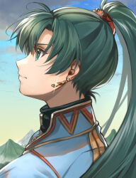 Rule 34 | 1girl, black undershirt, blue shirt, closed mouth, cloud, cloudy sky, day, delsaber, earrings, fire emblem, fire emblem: the blazing blade, from side, glint, gold earrings, green eyes, green hair, hair ornament, high collar, high ponytail, highres, jewelry, long hair, looking up, lyn (fire emblem), mountain, nintendo, outdoors, profile, shirt, sky, solo, turtleneck, upper body