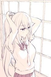 Rule 34 | 1girl, bare arms, bow, bowtie, collared shirt, commentary request, greyscale, hair tie, hands up, highres, higuchi kaede, long hair, mole, mole under eye, monochrome, nijisanji, pleated skirt, ponytail, rei (rei&#039;s room), shirt, skirt, solo, standing, tying hair, very long hair, vest, virtual youtuber, window, wing collar