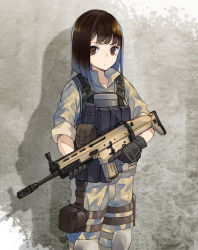 Rule 34 | 1girl, assault rifle, black gloves, brown eyes, brown hair, camouflage, camouflage jacket, camouflage pants, closed mouth, collarbone, cowboy shot, fn scar, gloves, gun, highres, holding, holding gun, holding weapon, holster, jacket, bulletproof vest, knee pads, long sleeves, looking at viewer, military, military uniform, nuqura, original, pants, rifle, shadow, short hair, sleeves rolled up, solo, standing, thigh holster, uniform, wall, weapon, woodland camouflage