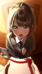 Rule 34 | 1girl, 1other, absurdres, birthday, black hair, blazer, commentary request, fisheye, gift, highres, idolmaster, idolmaster shiny colors, jacket, kazano hiori, looking at viewer, mole, mole under mouth, necktie, open mouth, ponytail, pov, purple eyes, school uniform, surprised, tera2001, upturned eyes