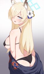 Rule 34 | 1girl, animal ears, ass, bikini, black bikini, black kimono, blonde hair, blue archive, breasts, commentary request, extra ears, floral print, flower, from behind, gradient background, grey background, grey eyes, hair flower, hair ornament, hair over one eye, halo, highres, io9, japanese clothes, kanna (blue archive), kimono, korean commentary, large breasts, long hair, looking at viewer, looking back, off shoulder, open mouth, sharp teeth, sideboob, skindentation, solo, swimsuit, teeth, white background