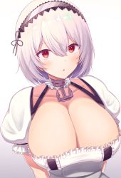 Rule 34 | 1girl, anchor collar, azur lane, breasts, cleavage, collar, dress, frilled dress, frills, from above, hair between eyes, highres, huge breasts, looking at viewer, medium hair, metal collar, puffy short sleeves, puffy sleeves, red eyes, sauvignon, short sleeves, simple background, sirius (azur lane), solo, upper body, white background, white dress, white hair