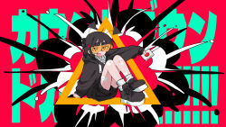 Rule 34 | 1girl, :d, ahoge, ankle socks, antennae, arm support, bandaid, bandaid on leg, black footwear, black hair, black jacket, black shorts, collared shirt, commentary request, controller, cover, explosion, fang, finger on button, goggles, hair between eyes, hair tie, hand on floor, highres, holding, holding remote control, hood, hooded jacket, ime-chan (ime44), jacket, jean bomjan, knees up, leg up, long sleeves, looking at viewer, no pupils, official art, open mouth, original, outstretched arm, platform footwear, radio antenna, radio controller, red background, red button, remote control, sanpaku, shirt, short eyebrows, short hair, short twintails, shorts, sidelocks, sitting, sleeves past wrists, smile, socks, solo, song name, text background, thick eyebrows, thighs, tinted eyewear, triangle, twintails, white shirt, white socks, yellow-tinted eyewear