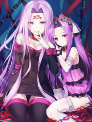 Rule 34 | 2girls, bad id, bad pixiv id, bare shoulders, black thighhighs, blush, breasts, brown dress, brown sleeves, chain, cleavage, closed mouth, commentary request, detached sleeves, dress, emyo, facial mark, fate/grand order, fate/stay night, fate (series), flower, forehead, forehead mark, hair flower, hair ornament, hair ribbon, hand to own mouth, hand up, long hair, long sleeves, medium breasts, medusa (fate), medusa (lancer) (fate), medusa (lancer) (final ascension) (fate), medusa (rider) (fate), multiple girls, official alternate costume, parted bangs, pink dress, pink flower, pink hair, pink rose, purple eyes, red flower, ribbon, rider, rose, short dress, sidelocks, sleeveless, sleeveless dress, smile, strapless, strapless dress, thighhighs, twintails, very long hair, white legwear, white ribbon, white sleeves