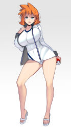 Rule 34 | 1girl, abs, absurdres, blue eyes, breasts, cowboy shot, creatures (company), game freak, highres, holding, holding poke ball, huge breasts, jacket, kouno (masao), large breasts, legs, misty (pokemon), nintendo, one-piece swimsuit, open clothes, open jacket, open mouth, orange hair, poke ball, pokemon, pokemon hgss, sandals, simple background, smile, solo, spread legs, standing, swimsuit, thighs