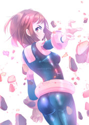 Rule 34 | 1girl, ass, bodysuit, boku no hero academia, breasts, brown eyes, brown hair, from behind, frown, highres, looking at viewer, looking back, medium breasts, outstretched arm, short hair, skin tight, solo, standing, sydus, uraraka ochako, white background