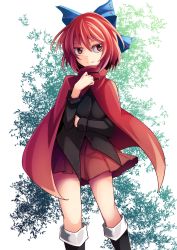 Rule 34 | 1girl, ashiroku (miracle hinacle), black footwear, black shirt, blue bow, boots, bow, breasts, cloak, closed mouth, dullahan, hair bow, happy, knee boots, long sleeves, looking away, miniskirt, pleated skirt, red cloak, red eyes, red hair, red skirt, sekibanki, shirt, short hair, skirt, small breasts, smile, touhou