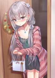 Rule 34 | 1girl, bag, blush, bow, breasts, cardigan, christmas, christmas wreath, collarbone, cowboy shot, door, doorway, dress, dress bow, flower, gift, gift bag, green bow, grey eyes, grey hair, hair between eyes, hair flower, hair ornament, highres, holding, holding bag, holding gift, indoors, jewelry, long hair, looking at viewer, namikishiho, necklace, nightgown, open cardigan, open clothes, open mouth, original, parted lips, pendant, pov doorway, short dress, small breasts, solo, standing, striped, twintails, wreath