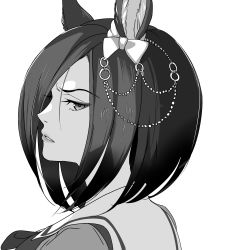Rule 34 | 1girl, absurdres, air groove (umamusume), akegata tobari, animal ears, bow, greyscale, hair ornament, highres, horse ears, horse girl, looking at viewer, looking to the side, monochrome, parted lips, portrait, sailor collar, school uniform, short hair, simple background, solo, umamusume, white background