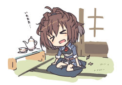 Rule 34 | 1girl, ascot, black socks, blue eyes, brown hair, commentary request, cup, cushion, flower, kantai collection, long hair, military, military uniform, nakadori (movgnsk), pain, pleated skirt, red ascot, red flower, red rose, rose, seiza, sheffield (kancolle), sitting, skirt, socks, solo, table, teacup, teapot, uniform, white skirt, zabuton