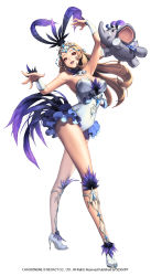 Rule 34 | 1girl, alternate costume, arm up, bare shoulders, blonde hair, breasts, chaos online, company name, copyright name, dancing, detached collar, elephant, feathers, full body, garitos, high heels, highres, large breasts, leotard, light brown hair, long hair, looking at viewer, love cacao, official art, open mouth, red eyes, simple background, smile, solo, white background