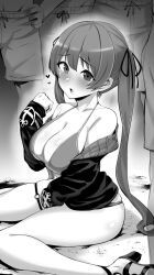 Rule 34 | 1girl, 4boys, bare shoulders, bikini, blush, breasts, cleavage, earrings, greyscale, hair ribbon, halterneck, heart, heart earrings, hololive, houshou marine, houshou marine (summer), jacket, jewelry, large breasts, long hair, looking at viewer, monochrome, mp150 plus, multiple boys, o-ring, o-ring thigh strap, off shoulder, official alternate costume, official alternate hair length, official alternate hairstyle, open clothes, open jacket, paid reward available, ribbon, sitting, skindentation, solo focus, strappy heels, string bikini, swimsuit, thigh strap, twintails, very long hair, virtual youtuber, wariza