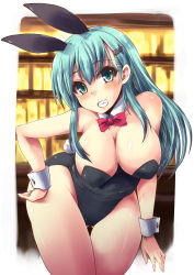 Rule 34 | 10s, 1girl, animal ears, aqua eyes, aqua hair, bare legs, bare shoulders, black leotard, blush, bow, bowtie, breasts, rabbit ears, rabbit tail, cleavage, curvy, detached collar, fake animal ears, grin, hair ornament, hairclip, hand on own hip, highres, kantai collection, large breasts, leaning forward, leotard, long hair, looking at viewer, playboy bunny, playboy bunny, shinshin, smile, solo, suzuya (kancolle), tail, thigh gap, wide hips, wrist cuffs