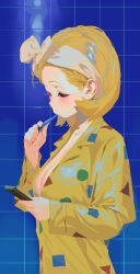 Rule 34 | 1girl, bathroom, blonde hair, breasts, brushing teeth, cellphone, circle, cleavage, forehead, highres, holding, holding phone, looking at phone, medium breasts, original, pajamas, phone, rectangle, sekoshi (some1else45), solo, some1else45, tile wall, tiles, triangle, upper body, yellow pajamas