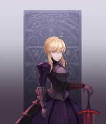 Rule 34 | 1girl, absurdres, ahoge, armor, artoria pendragon (all), artoria pendragon (fate), blonde hair, braid, breasts, commentary, dress, excalibur morgan (fate), fate/stay night, fate (series), frown, hair between eyes, highres, looking at viewer, nayamer, puffy sleeves, saber alter, short hair, solo, standing, yellow eyes