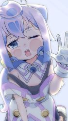 Rule 34 | 1boy, arm up, blue eyes, gingnang69, glass, gloves, hacka doll, hacka doll 3, highres, long hair, looking at viewer, male focus, one eye closed, open mouth, purple hair, teeth, trap, upper teeth only, white gloves