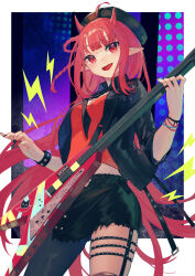 Rule 34 | 1girl, absurdres, arknights, black jacket, black nails, black necktie, black pantyhose, black shorts, blunt ends, border, bracelet, breasts, character name, cleavage, commentary, cowboy shot, demon girl, demon horns, electric guitar, fang, guitar, highres, holding, holding instrument, holding plectrum, horns, instrument, jacket, jewelry, long hair, looking at viewer, medium breasts, midriff peek, miike (992058), multicolored background, multiple bracelets, nail polish, necktie, open clothes, open jacket, open mouth, pantyhose, pantyhose under shorts, plectrum, pointy ears, polka dot, purple background, red eyes, red hair, red shirt, ring, shirt, shorts, single leg pantyhose, skin fang, smile, solo, thigh strap, torn clothes, torn shorts, very long hair, vigna (arknights), vigna (black wave) (arknights)