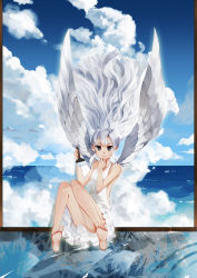 Rule 34 | 1girl, absurdres, bare shoulders, barefoot, dress, feet, floating hair, hand to own mouth, highres, holding, long hair, looking at viewer, original, paintbrush, painting (object), saberiii, grey eyes, silver hair, sitting, smile, soles, solo, white dress, wings