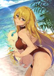 Rule 34 | 1girl, alternate costume, ass, bare shoulders, blonde hair, blush, breasts, commission, fae (fire emblem), fire emblem, fire emblem: the binding blade, igrene (fire emblem), inflatable toy, large breasts, long hair, looking at viewer, looking back, mole, mole under eye, nintendo, one-piece swimsuit, outdoors, red one-piece swimsuit, skeb commission, smile, solo, swimsuit, yellow eyes, yuuri (orz commushows)