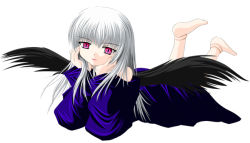 Rule 34 | 00s, 1girl, bare shoulders, barefoot, black wings, doll, doll joints, joints, legs up, lips, looking at viewer, lying, off shoulder, on stomach, pink eyes, pink lips, rozen maiden, silver hair, smile, solo, suigintou, wings