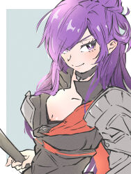 Rule 34 | 1girl, armor, asymmetrical clothes, blush, breasts, cape, choker, cleavage, closed mouth, coral 3535, fire emblem, fire emblem: three houses, fire emblem warriors: three hopes, gloves, hair bun, hair over one eye, highres, large breasts, long hair, looking at viewer, nintendo, purple eyes, purple hair, shez (female) (fire emblem), shez (fire emblem), simple background, single hair bun, smile, solo