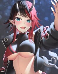 Rule 34 | 1girl, arm up, balflear (oe19nlud), black hair, black jacket, black sports bra, blue eyes, blurry, blush, bokeh, breasts, chain, commentary request, demon girl, demon horns, demon tail, depth of field, ear chain, ear piercing, earrings, grey background, horns, jacket, jewelry, large breasts, long sleeves, looking at viewer, medium bangs, midriff, multicolored hair, nanashi inc., navel, open clothes, open jacket, open mouth, piercing, pointy ears, red hair, ryugasaki rene, ryugasaki rene (1st costume), short hair, smile, solo, sports bra, tail, two-tone hair, underboob, upper body, virtual youtuber, zipper