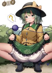 Rule 34 | 1girl, :o, ?, absurdres, black footwear, black hat, bloomers, blush, boots, bow, breasts, bush, buttons, clothes lift, coin, coin on string, diamond button, eyeball, floral print, frilled shirt collar, frilled skirt, frilled sleeves, frills, green eyes, green hair, hat, hat bow, hat ribbon, highres, komeiji koishi, lifted by self, long sleeves, looking at viewer, mamemochi, medium breasts, mind control, motion blur, motion lines, open mouth, ribbon, rose print, short hair, skirt, skirt lift, solo, spoken question mark, squatting, string, sweatdrop, thighs, third eye, touhou, underwear, yellow bow, yellow ribbon