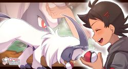 Rule 34 | 1boy, :d, absol, artist name, blush, brown hair, character name, chitozen (pri zen), closed eyes, commentary request, creatures (company), eyelashes, game freak, gen 3 pokemon, goh (pokemon), grey shirt, hair ornament, holding, holding poke ball, male focus, nintendo, open mouth, poke ball, poke ball (basic), pokemon, pokemon (anime), pokemon (creature), pokemon journeys, shirt, short hair, short sleeves, smile, teeth, tongue, upper teeth only, watermark, |d
