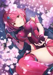 Rule 34 | 1girl, black gloves, breasts, chest jewel, earrings, fingerless gloves, gloves, highres, jewelry, karuushi, large breasts, pyra (xenoblade), red eyes, red hair, red shorts, red thighhighs, short hair, short shorts, shorts, solo, swept bangs, thighhighs, tiara, xenoblade chronicles (series), xenoblade chronicles 2