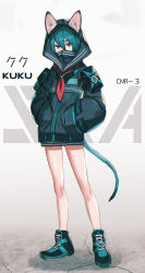 Rule 34 | 1girl, absurdres, animal ears, bare legs, black footwear, black jacket, cat ears, cat girl, cat tail, character name, commentary request, dolce (dolsuke), full body, green footwear, green hair, green jacket, hair between eyes, hands in pockets, highres, hood, hood up, hooded jacket, huge filesize, jacket, looking at viewer, multicolored clothes, multicolored jacket, neckerchief, original, red eyes, shoes, skirt, solo, standing, tail