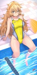 Rule 34 | 1girl, aiuti, blonde hair, breasts, collarbone, commentary request, competition swimsuit, covered navel, crossed bangs, girls&#039; frontline, green eyes, hair between eyes, hairband, highleg, highleg swimsuit, highres, kickboard, long hair, medium breasts, messy hair, one-piece swimsuit, painttool sai (medium), photoshop (medium), pool, poolside, s.a.t.8 (girls&#039; frontline), sitting, soaking feet, solo, swimsuit, tile floor, tiles, two-tone swimsuit, yellow hairband, yellow one-piece swimsuit