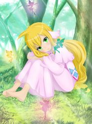 Rule 34 | 1girl, antenna hair, artist request, barefoot, blonde hair, blue eyes, day, dress, eyelashes, fairy, fairy tail, feet, feet together, female focus, fingernails, flat chest, forest, from side, full body, grass, hair between eyes, hair ornament, hands on own knees, happy, head on knees, head rest, head tilt, highres, knees up, leaning forward, legs, light rays, long dress, long hair, long sleeves, looking at viewer, mavis vermilion, multicolored clothes, multicolored dress, nature, neck, on ground, outdoors, pale skin, shiny clothes, shiny skin, sidelocks, silhouette, sitting, smile, soles, sunlight, toenails, toes, tree, turning head, very long hair, wavy hair, white dress, wide dress