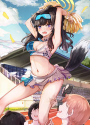 Rule 34 | 1girl, 3boys, absurdres, armpits, arms up, bare shoulders, black hair, blue archive, blue sky, cheerleader, crop top, day, facial mark, feet out of frame, goggles, goggles on head, hibiki (blue archive), hibiki (cheer squad) (blue archive), highres, holding, holding pom poms, long hair, looking at viewer, microskirt, midriff, millennium cheerleader outfit (blue archive), multiple boys, navel, nui gurumi, open mouth, outdoors, pleated skirt, pom pom (cheerleading), pom poms, purple eyes, skirt, sky, star (symbol), stomach, thighs, white skirt