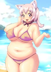 Rule 34 | 1girl, animal ears, belly, blush, breasts, cleavage, covered erect nipples, female focus, fox ears, fox girl, highres, kokumotsu, large breasts, light purple hair, long hair, looking at viewer, navel, open mouth, original, plump, purple eyes, smile, solo, standing, swimsuit, thick thighs, thighs, wide hips