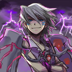 Rule 34 | 1boy, blue eyes, bracelet, cloud, crossed arms, facial tattoo, floating, floating object, gig, gig (soul cradle), grey hair, hair between eyes, jewelry, lightning, looking at viewer, male focus, nippon ichi, shaded face, short hair, sketch, sleeveless, smile, smug, solo, soul cradle, tattoo, wings