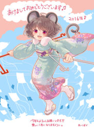 Rule 34 | 1girl, alternate costume, animal ears, dowsing rod, floral print, grey hair, happy new year, iris anemone, japanese clothes, kimono, long sleeves, looking at viewer, mouse ears, mouse tail, nazrin, new year, obi, open mouth, red eyes, sash, smile, solo, tail, touhou, wide sleeves